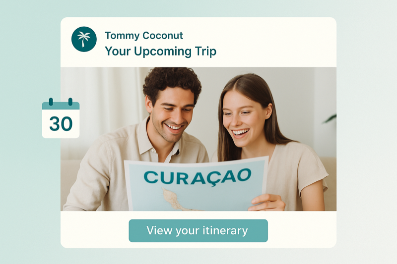 Couple planning their trip to Curaçao for the Overture scene