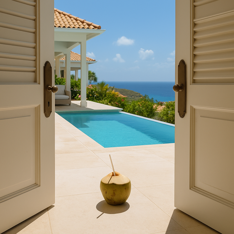 Guests arriving at their villa for The Reveal scene